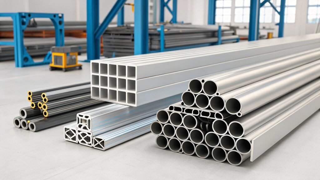 alt with keywords: collage showing diverse uses of aluminum tubing - bicycle frame, scaffolding, heat exchanger coil